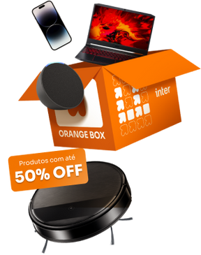 Caixa laranja escrito Orange Box Inter com TV, Celular e aspirador robô saindo de dentro dela