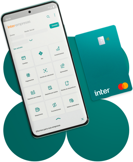 Super app Inter Empresas em destaque no smartphone, ao lado do cartão Inter Empresas.
