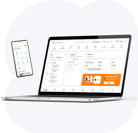 Notebook e smartphone com imagens do Internet Banking da conta digital PJ Inter.