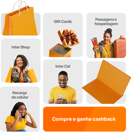 Mosaico com 8 formas retangulares mostrando os produtos de gift cards, shopping, inter cel, recarga de celular com descontos do Inter Day