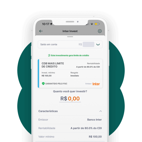 Tela de investimento em CDB no super app Inter que mostra que ao fazer um investimento, o cliente consegue obter mais limite no seu cartão de crédito empresarial Inter