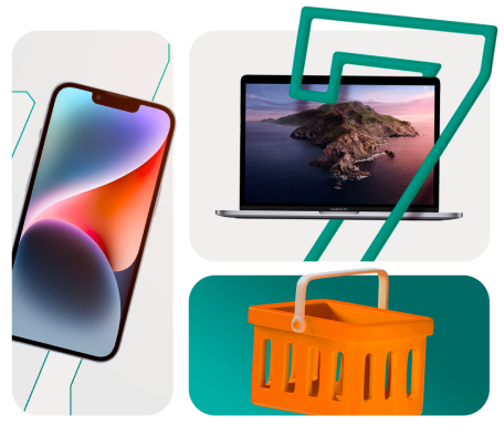 Mosaico com celular, notebook e cesta de compras com ícone do número 7