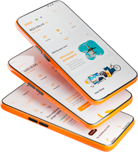 3 celulares com capa laranja e telas mostrando o Super App Inter